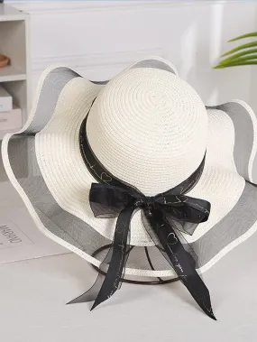 1pc Women Big Brim Bow Decor Sun Protection Boho Straw Hat For Outdoor Travel