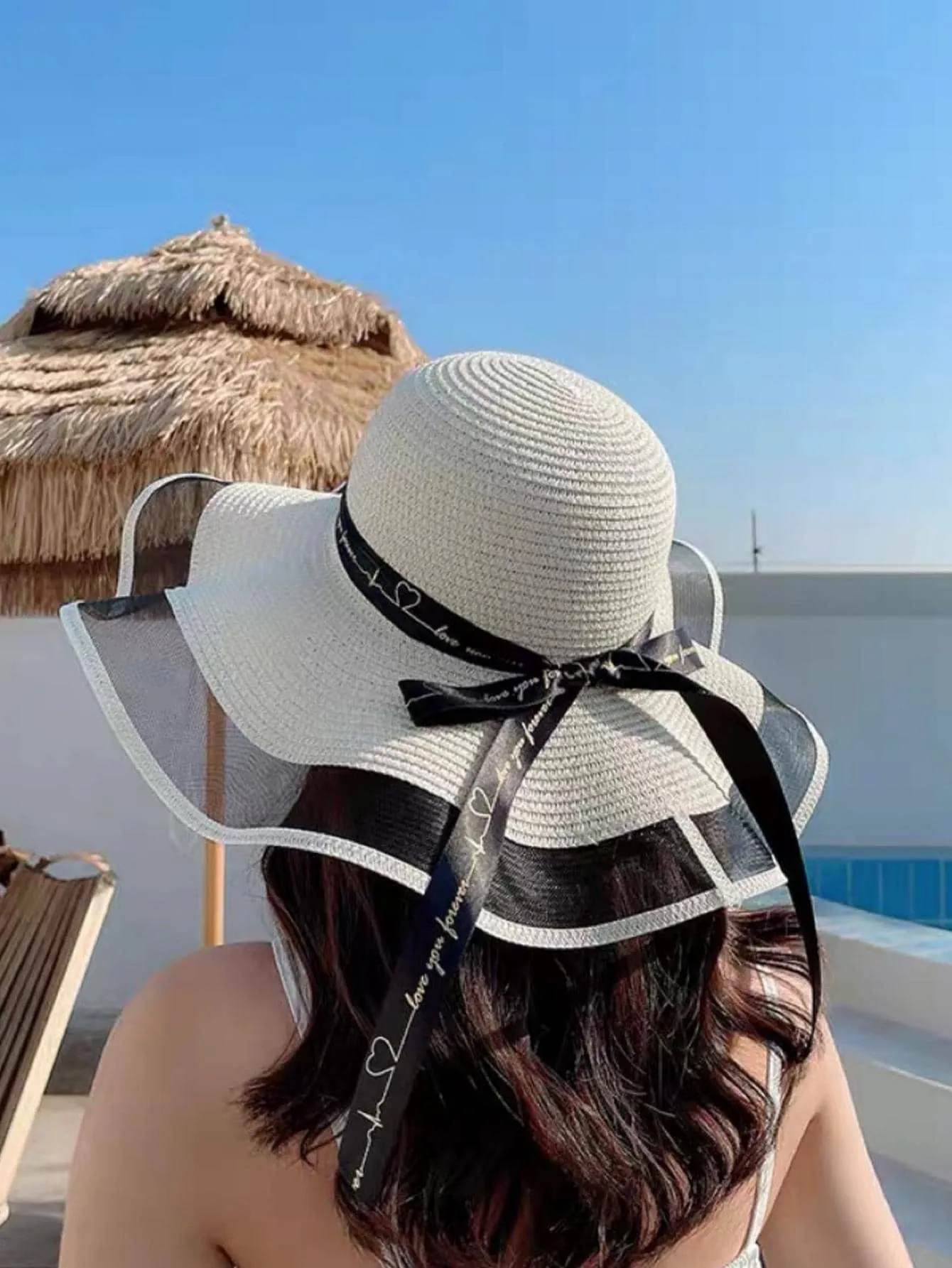 1pc Women Big Brim Bow Decor Sun Protection Boho Straw Hat For Outdoor Travel