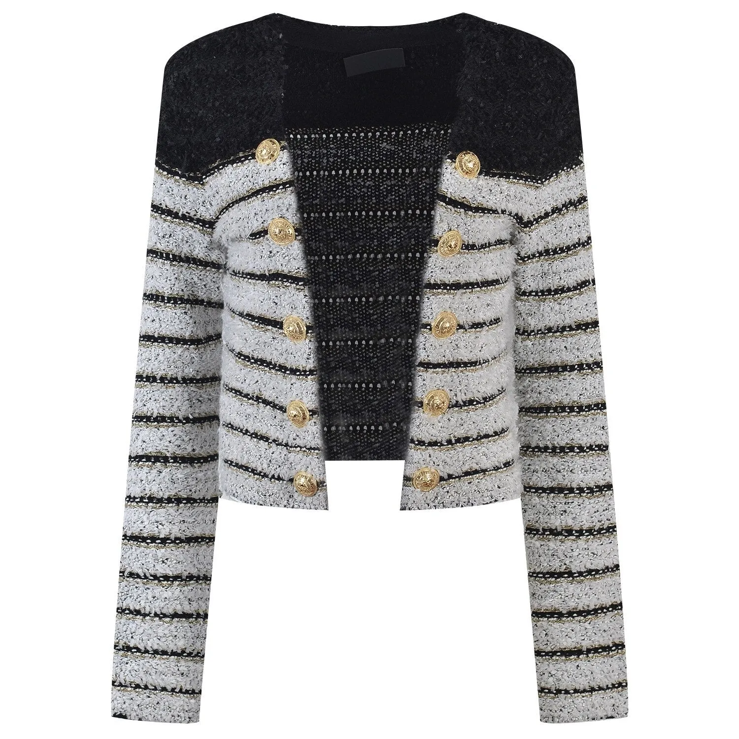 2022 Autumn Winter Elegant Striped Knitted Sweater Gold Buttons Cardigan