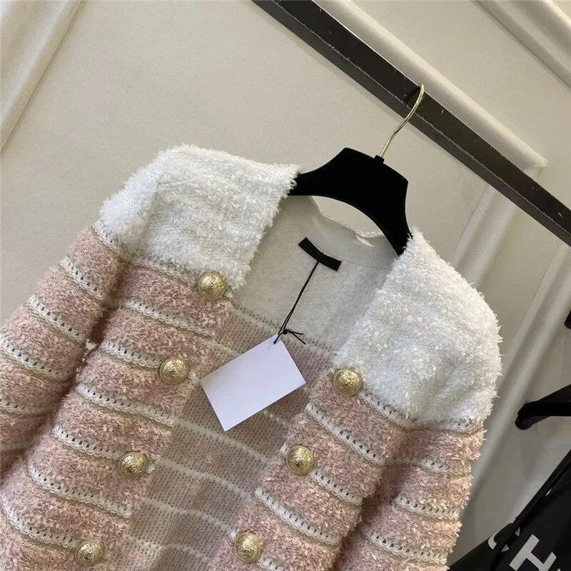 2022 Autumn Winter Elegant Striped Knitted Sweater Gold Buttons Cardigan