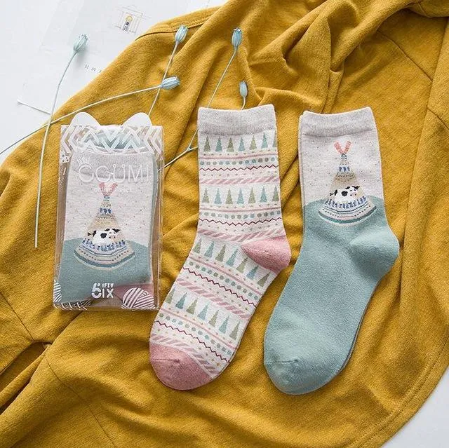 2Pairs Per Lot Winter Autumn Women's Cotton Funny Cartoon Pattern Socks