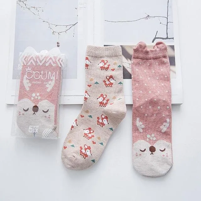 2Pairs Per Lot Winter Autumn Women's Cotton Funny Cartoon Pattern Socks