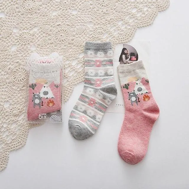 2Pairs Per Lot Winter Autumn Women's Cotton Funny Cartoon Pattern Socks