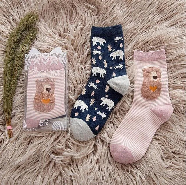 2Pairs Per Lot Winter Autumn Women's Cotton Funny Cartoon Pattern Socks