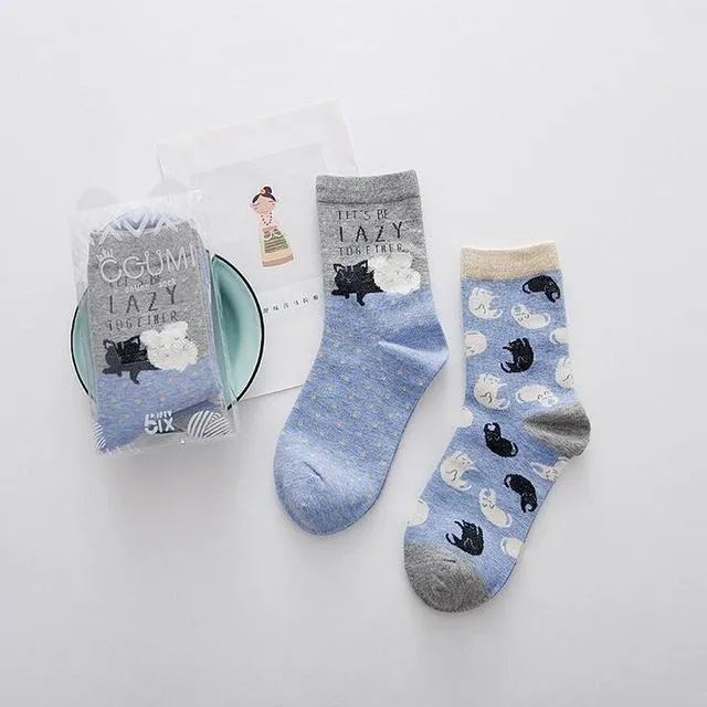 2Pairs Per Lot Winter Autumn Women's Cotton Funny Cartoon Pattern Socks