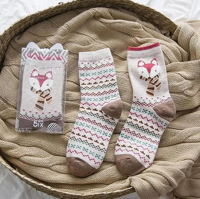 2Pairs Per Lot Winter Autumn Women's Cotton Funny Cartoon Pattern Socks