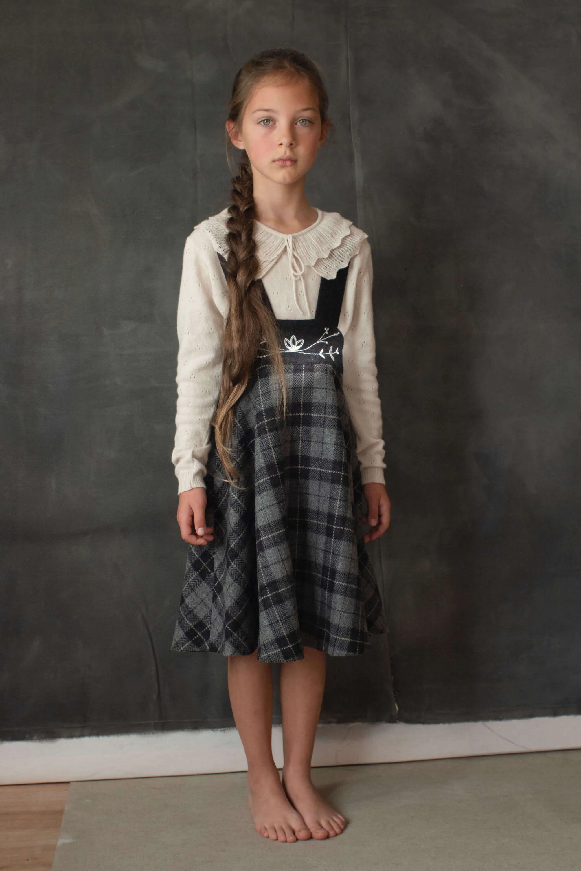 36.2-GREY CHECK WOOLEN DUNGAREE DRESS W/EMBROIDERY