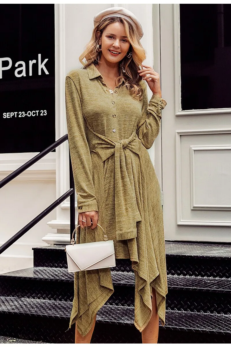 Asymmetrical A-line Shirt High Waist Sash Bow Midi Autumn Winter Office Casual Dress