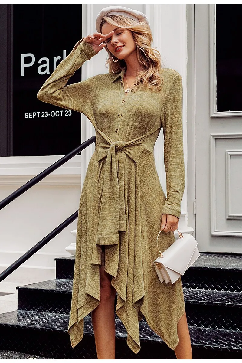 Asymmetrical A-line Shirt High Waist Sash Bow Midi Autumn Winter Office Casual Dress