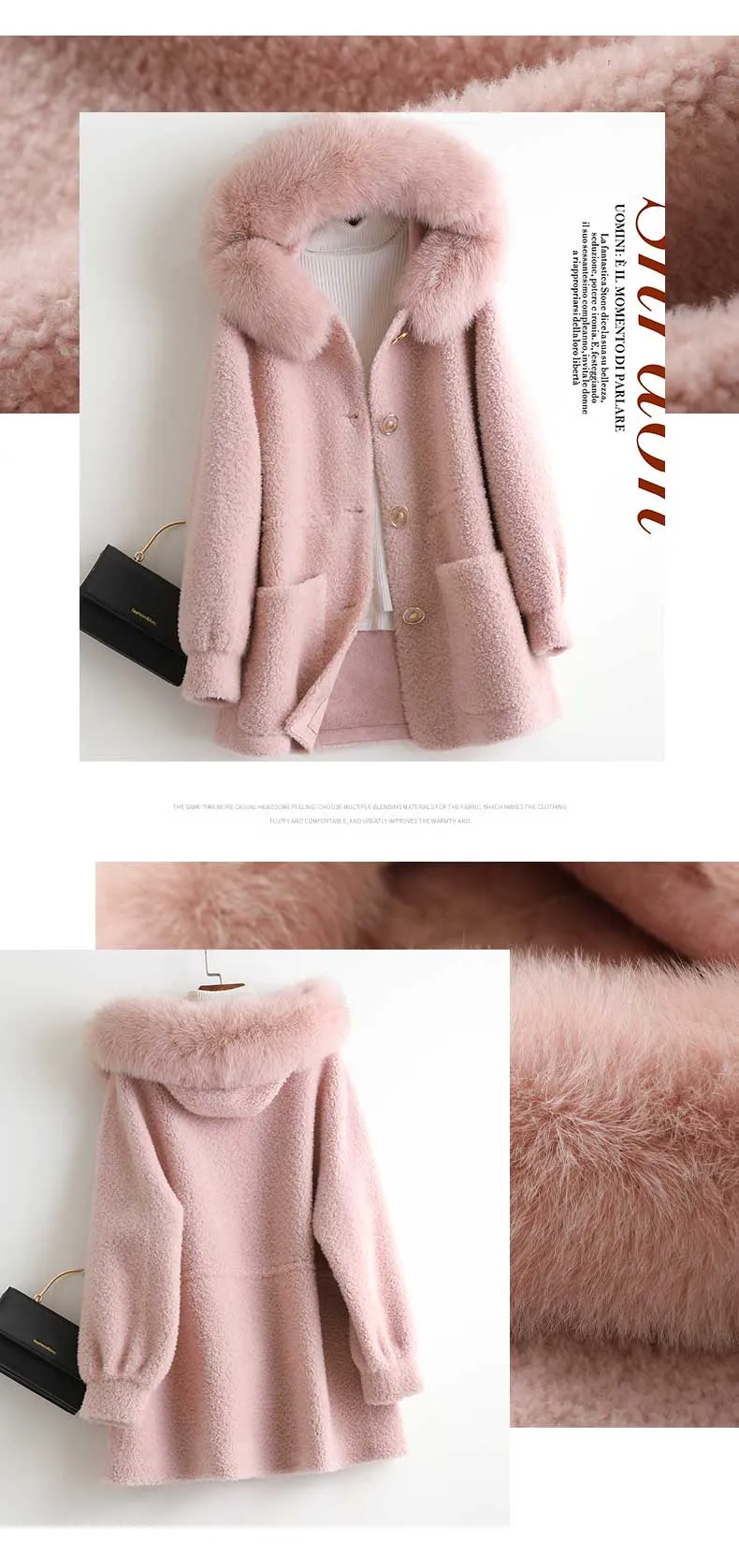 Autumn and Winter 100% Real Sheep Shearling Coat with Fox Fur Collar