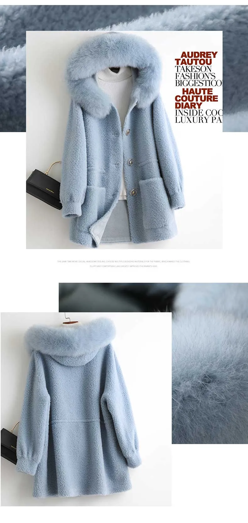 Autumn and Winter 100% Real Sheep Shearling Coat with Fox Fur Collar