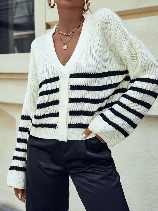 Autumn and Winter Knitted Cardigan Button Stripe Sweater Casual V-Neck Slouchy White Top