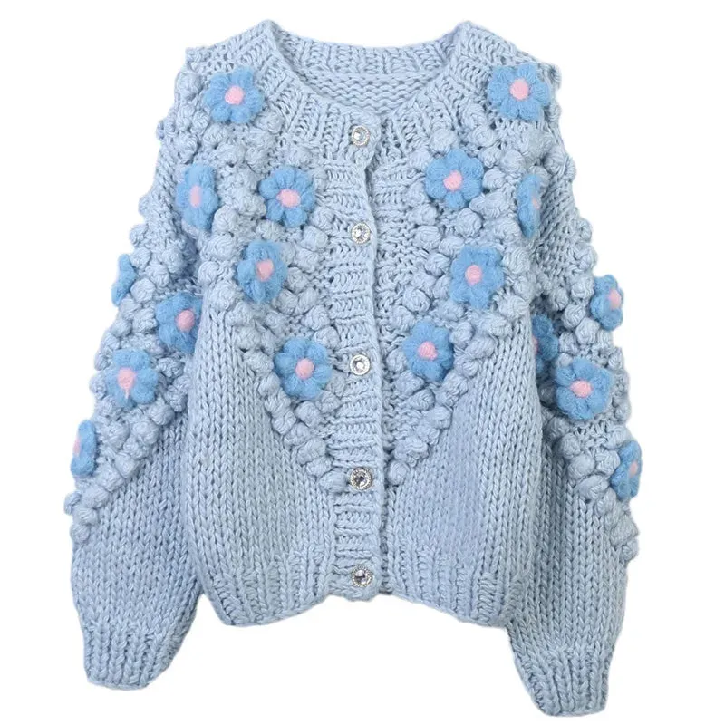 Autumn And Winter Sweater Hand-crocheted Thick Stick Needle Cute Flower Fur Ball Sweet Knitted Coat Sweater Cardigan  C-272