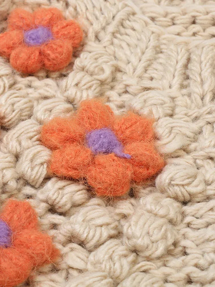 Autumn And Winter Sweater Hand-crocheted Thick Stick Needle Cute Flower Fur Ball Sweet Knitted Coat Sweater Cardigan  C-272