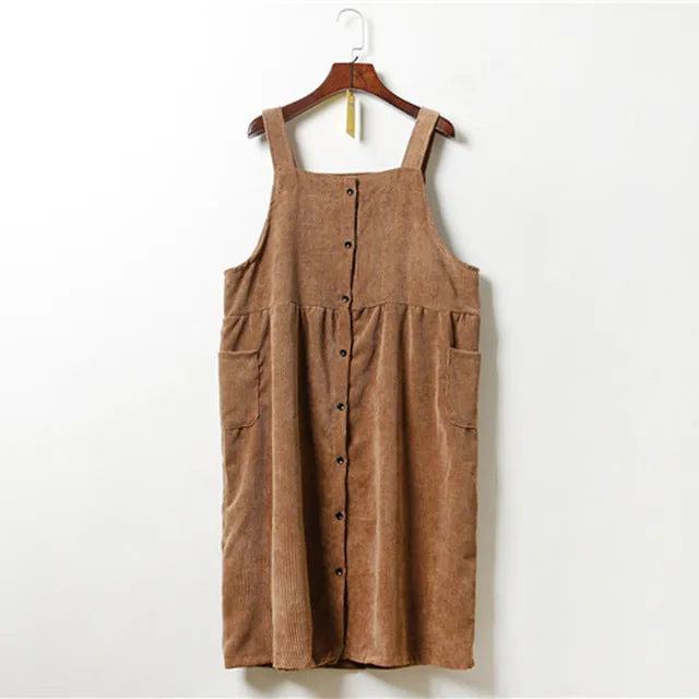 Autumn and winter women's new corduroy dress student campus style solid colour loose Medium and long Strap dress