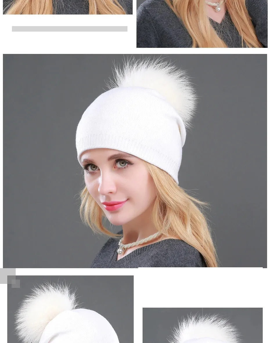 Autumn Winter Casual Knitted Wool Pompon Beanies Fur Hat for Women