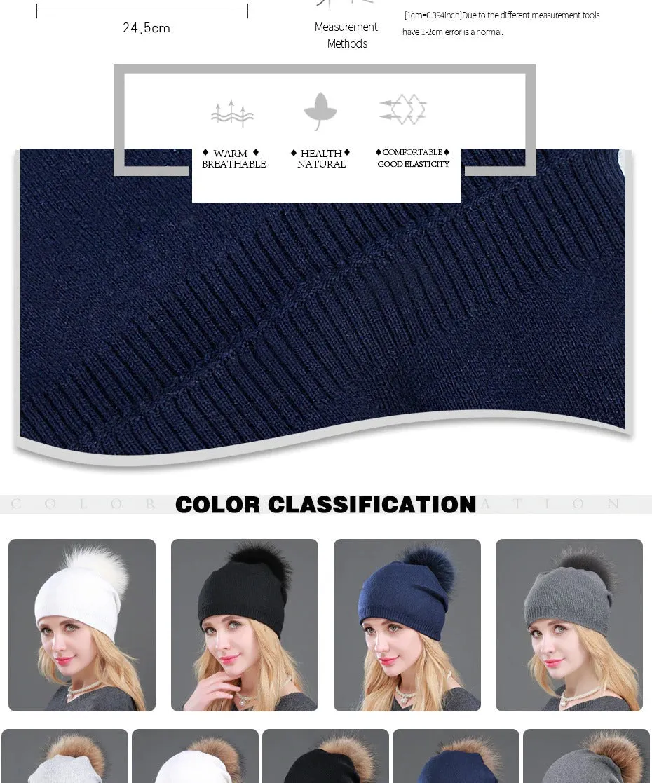 Autumn Winter Casual Knitted Wool Pompon Beanies Fur Hat for Women