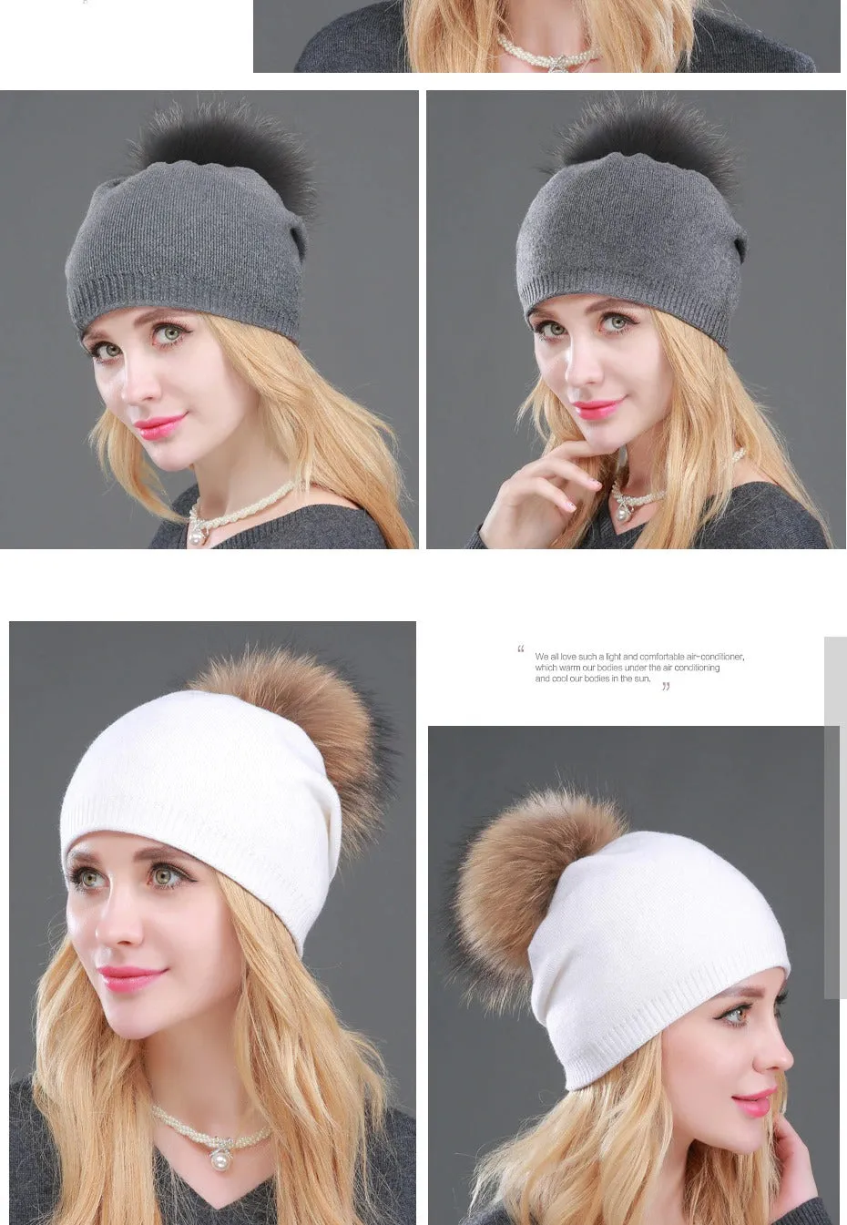 Autumn Winter Casual Knitted Wool Pompon Beanies Fur Hat for Women