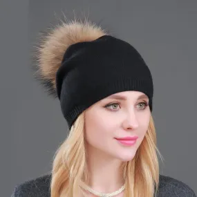 Autumn Winter Casual Knitted Wool Pompon Beanies Fur Hat for Women