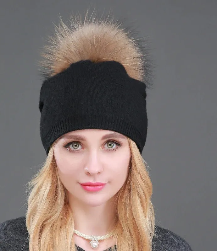 Autumn Winter Casual Knitted Wool Pompon Beanies Fur Hat for Women