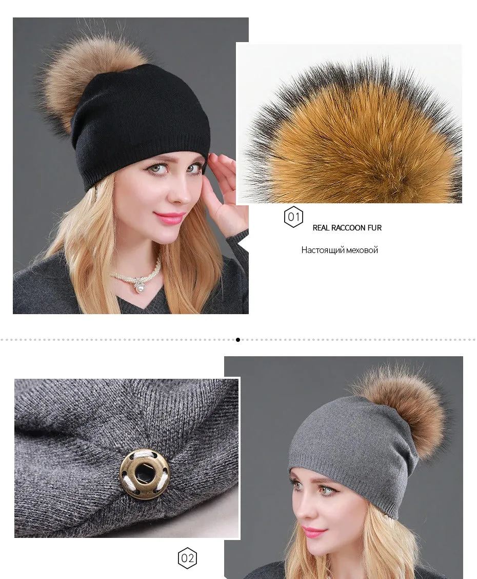 Autumn Winter Casual Knitted Wool Pompon Beanies Fur Hat for Women