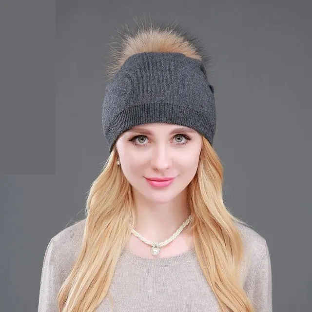 Autumn Winter Casual Knitted Wool Pompon Beanies Fur Hat for Women