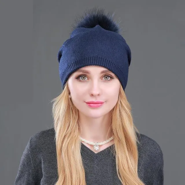 Autumn Winter Casual Knitted Wool Pompon Beanies Fur Hat for Women