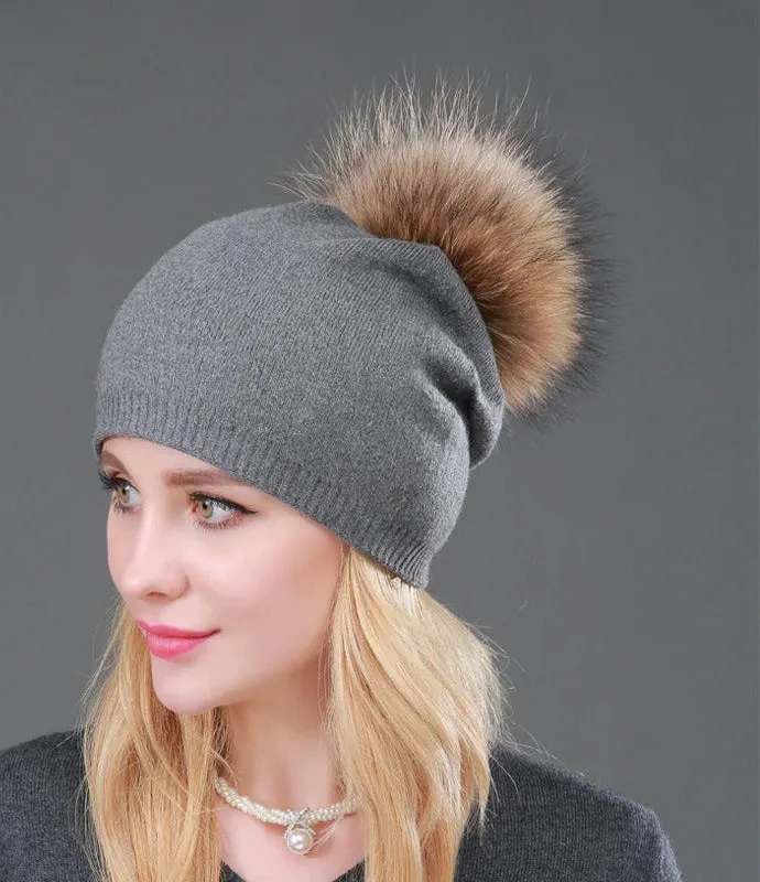 Autumn Winter Casual Knitted Wool Pompon Beanies Fur Hat for Women