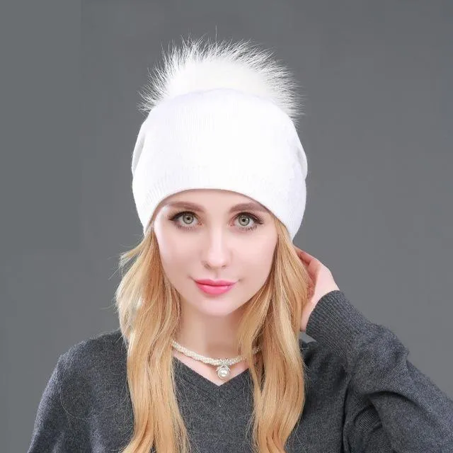 Autumn Winter Casual Knitted Wool Pompon Beanies Fur Hat for Women