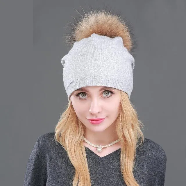 Autumn Winter Casual Knitted Wool Pompon Beanies Fur Hat for Women