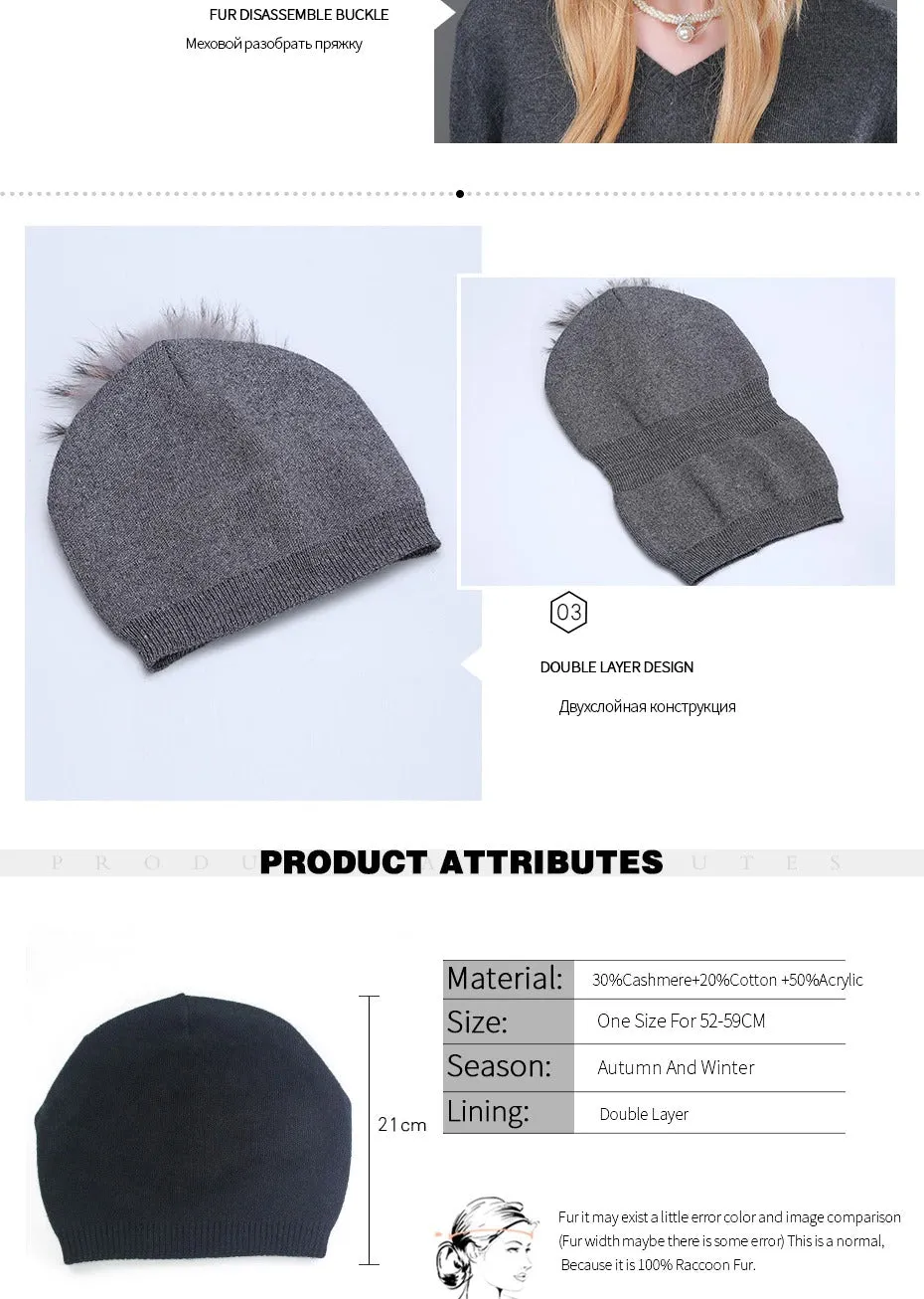 Autumn Winter Casual Knitted Wool Pompon Beanies Fur Hat for Women