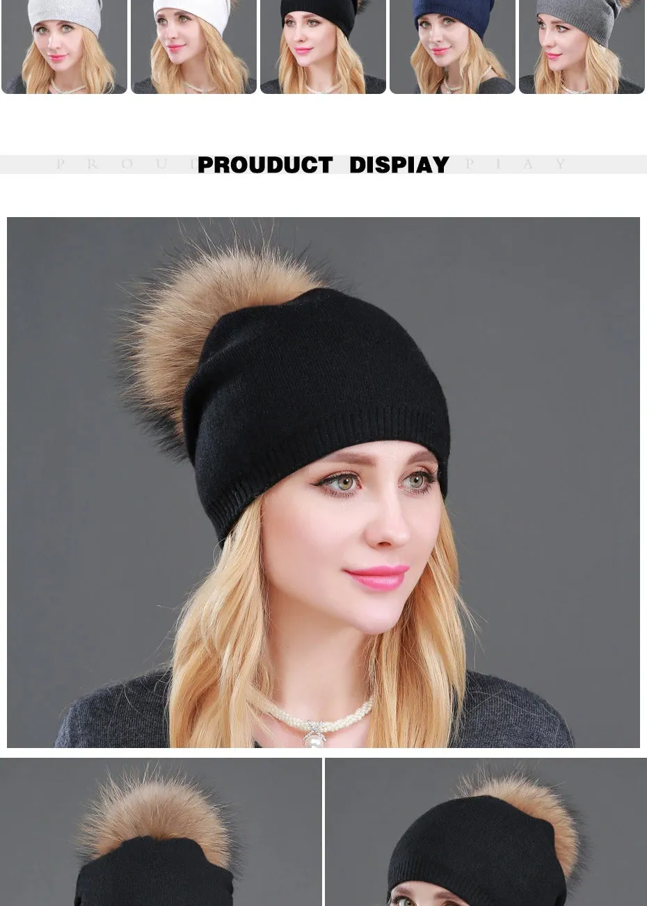 Autumn Winter Casual Knitted Wool Pompon Beanies Fur Hat for Women