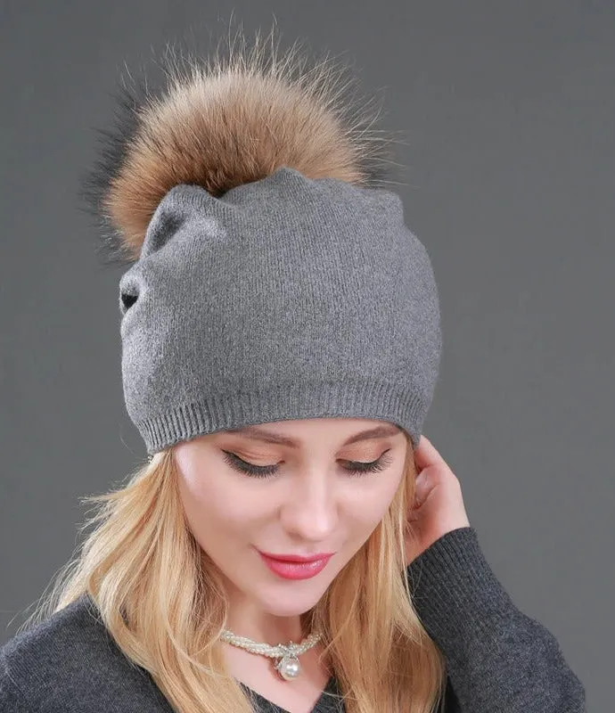 Autumn Winter Casual Knitted Wool Pompon Beanies Fur Hat for Women