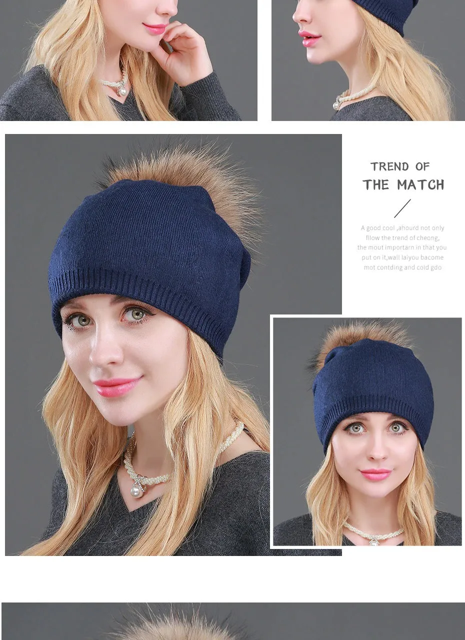 Autumn Winter Casual Knitted Wool Pompon Beanies Fur Hat for Women