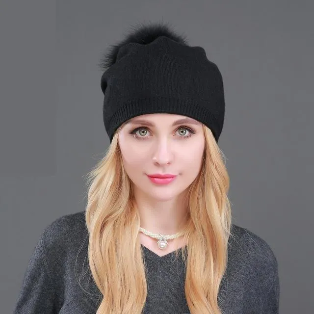 Autumn Winter Casual Knitted Wool Pompon Beanies Fur Hat for Women