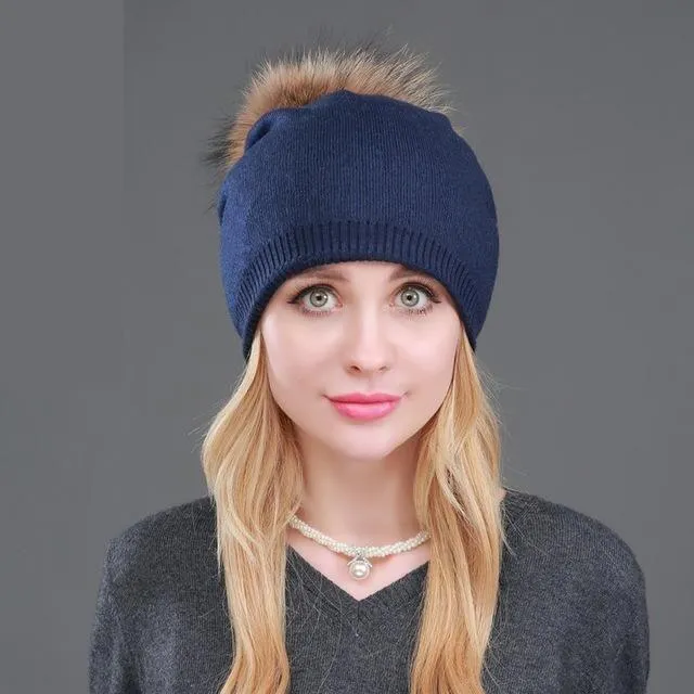 Autumn Winter Casual Knitted Wool Pompon Beanies Fur Hat for Women