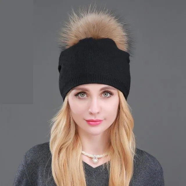 Autumn Winter Casual Knitted Wool Pompon Beanies Fur Hat for Women