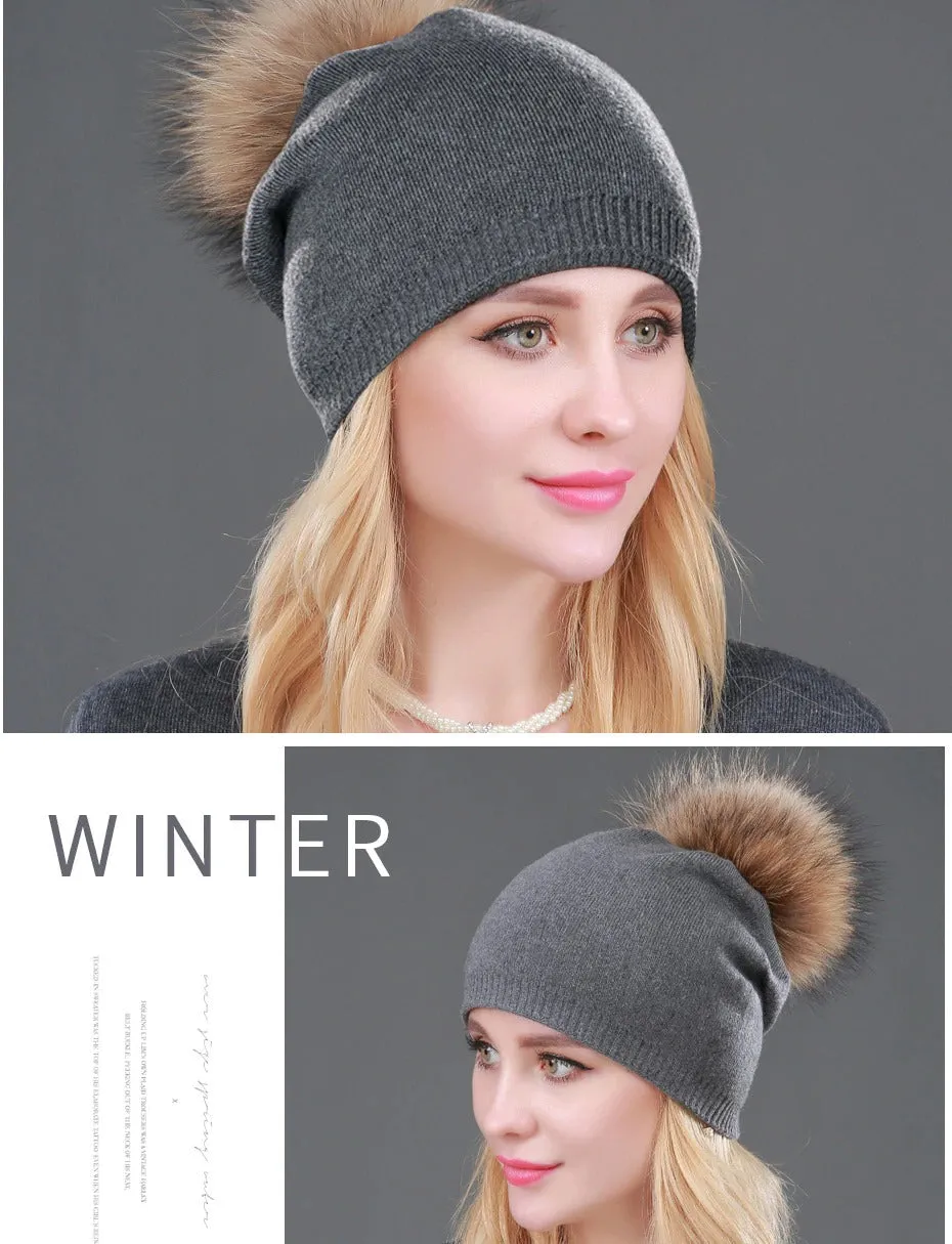 Autumn Winter Casual Knitted Wool Pompon Beanies Fur Hat for Women