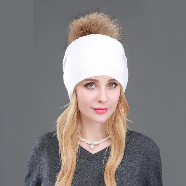 Autumn Winter Casual Knitted Wool Pompon Beanies Fur Hat for Women