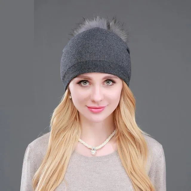 Autumn Winter Casual Knitted Wool Pompon Beanies Fur Hat for Women