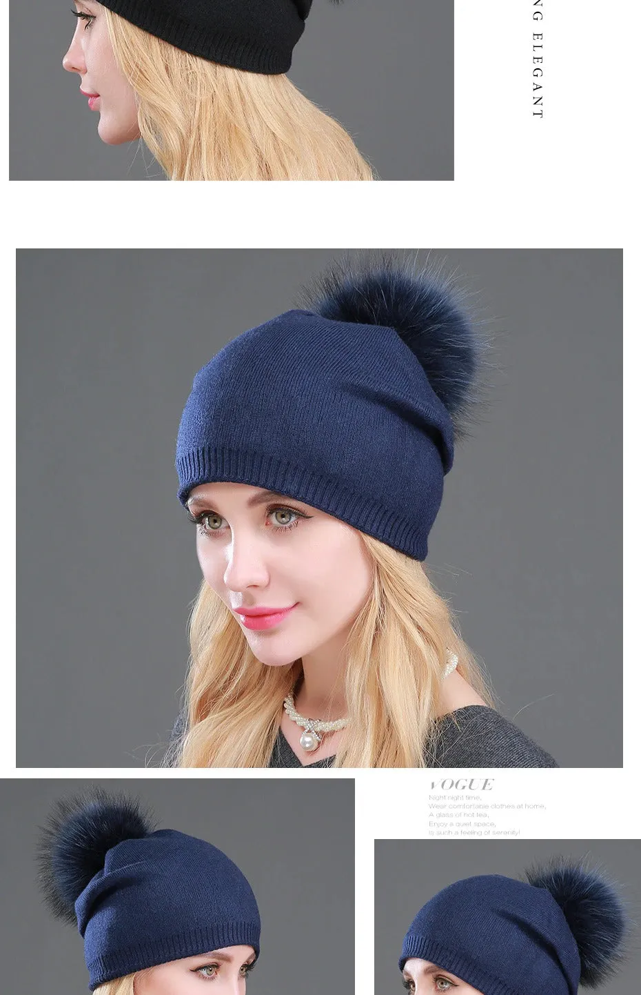 Autumn Winter Casual Knitted Wool Pompon Beanies Fur Hat for Women