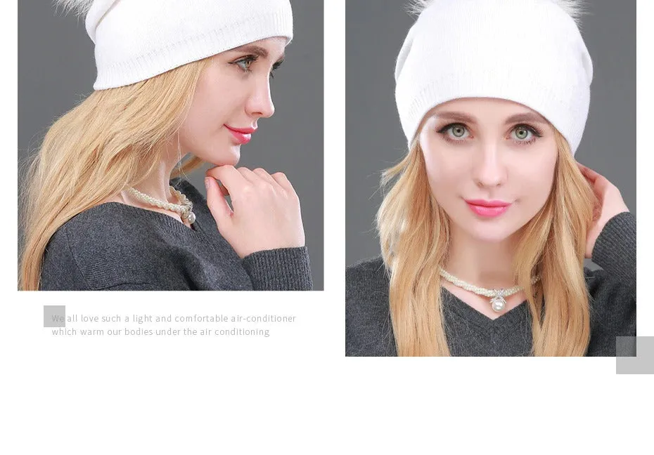 Autumn Winter Casual Knitted Wool Pompon Beanies Fur Hat for Women