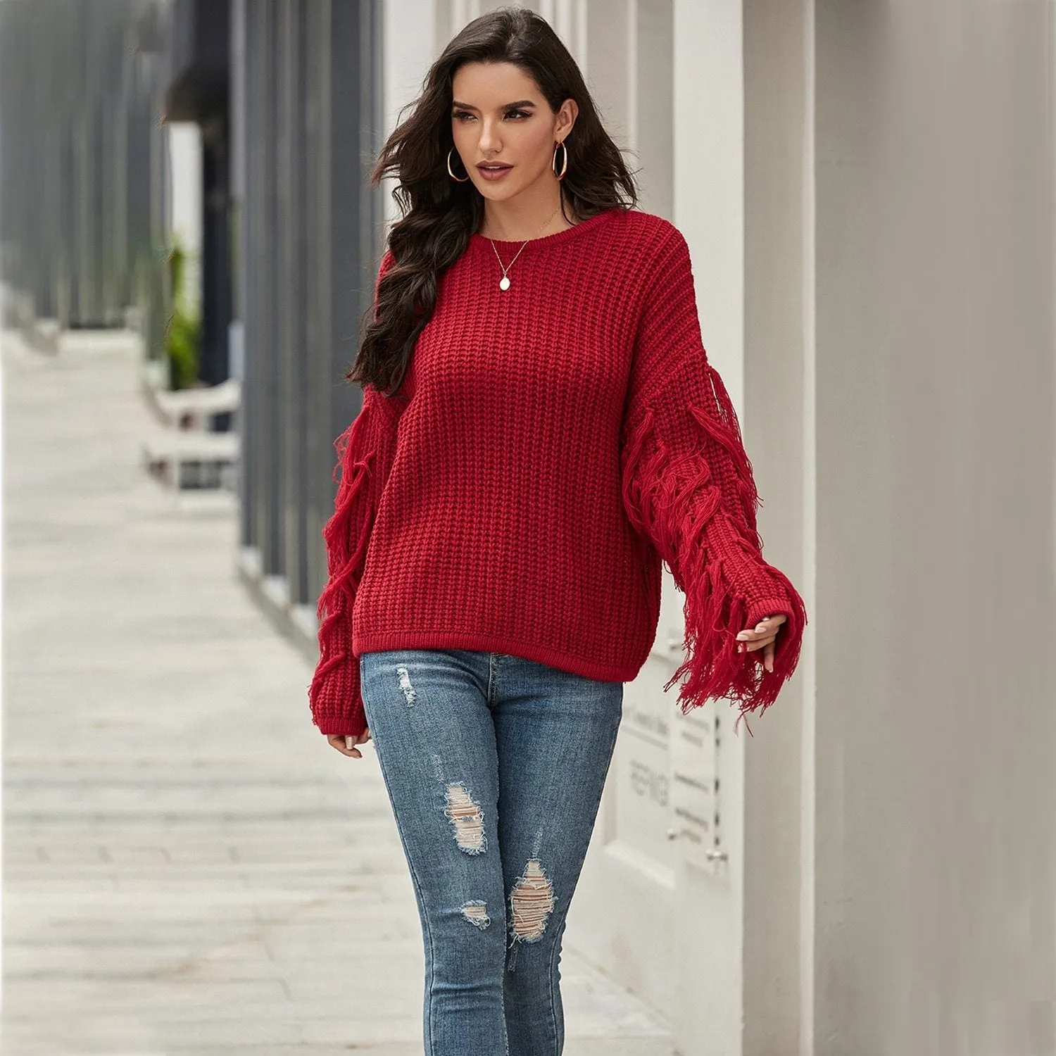 Autumn Winter Khaki O Neck Long Sleeve Solid Tassel Knitted Sweater