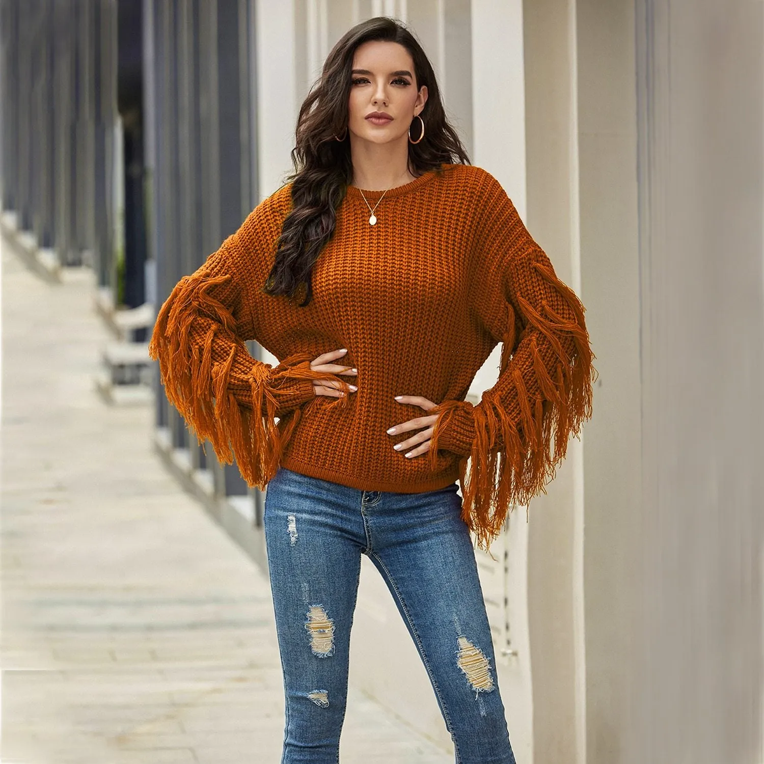 Autumn Winter Khaki O Neck Long Sleeve Solid Tassel Knitted Sweater