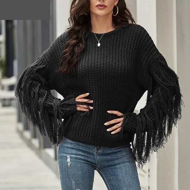 Autumn Winter Khaki O Neck Long Sleeve Solid Tassel Knitted Sweater