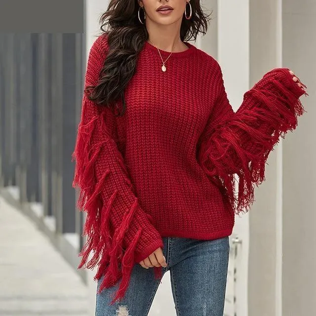 Autumn Winter Khaki O Neck Long Sleeve Solid Tassel Knitted Sweater