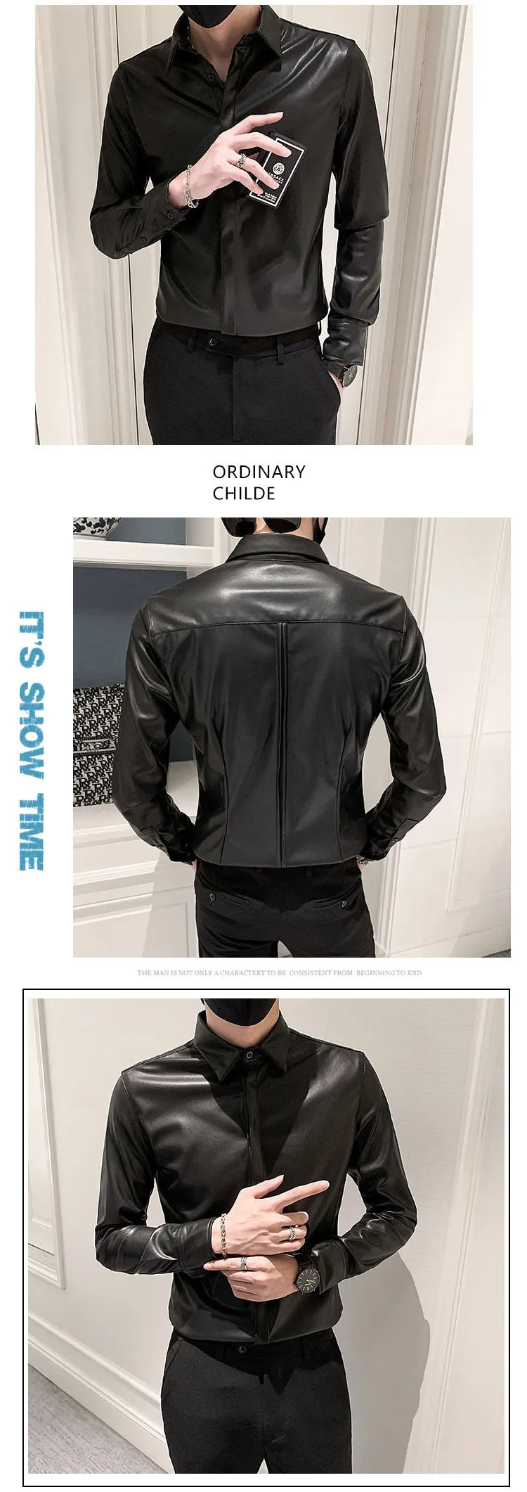 Autumn Winter Korean Slim Fit Leather Camisa Social Masculina Fashion Black Leather Shirts