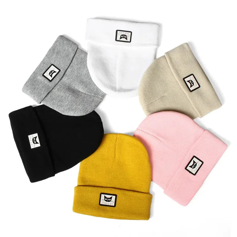 Autumn Winter New Fashion Trendy Knitted Hat for Women Pink Solid Patch Cute Cat Cuffed Beanies Female Ski Hat Girls