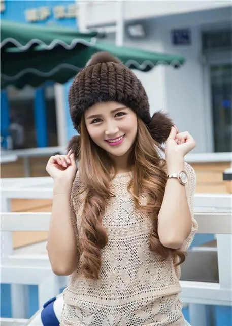 Autumn Winter Optimal 100% Real Mink Fur Knitted Ear Protector Hats for Girls