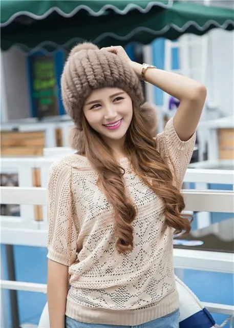 Autumn Winter Optimal 100% Real Mink Fur Knitted Ear Protector Hats for Girls